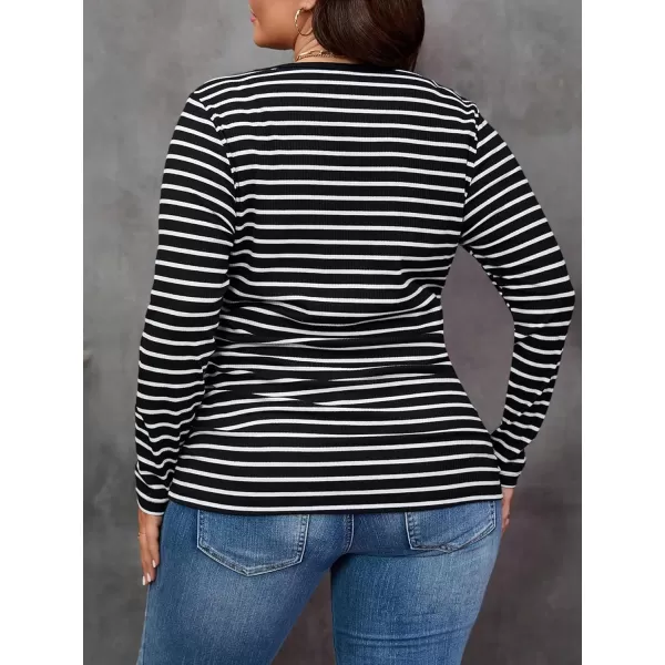 Floerns Women's Plus Size Casual Striped Print Crewneck Long Sleeve Crop Tee Shirt