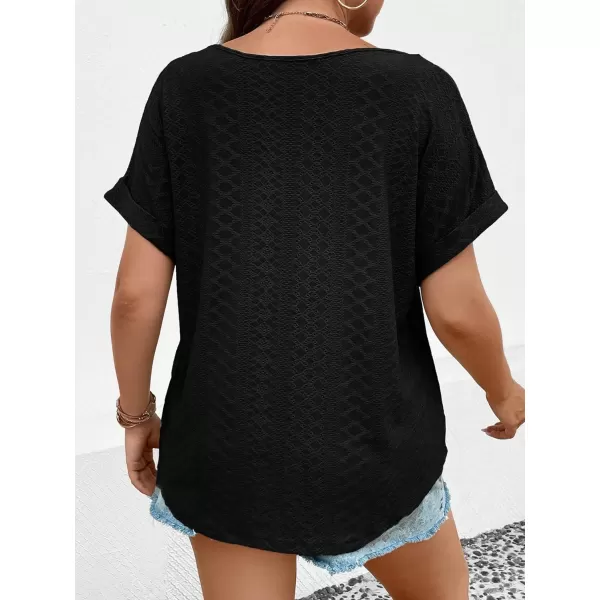 Floerns Women's Plus Size Eyelet Flare Short Sleeve Loose Fit V Neck Tee Shirts