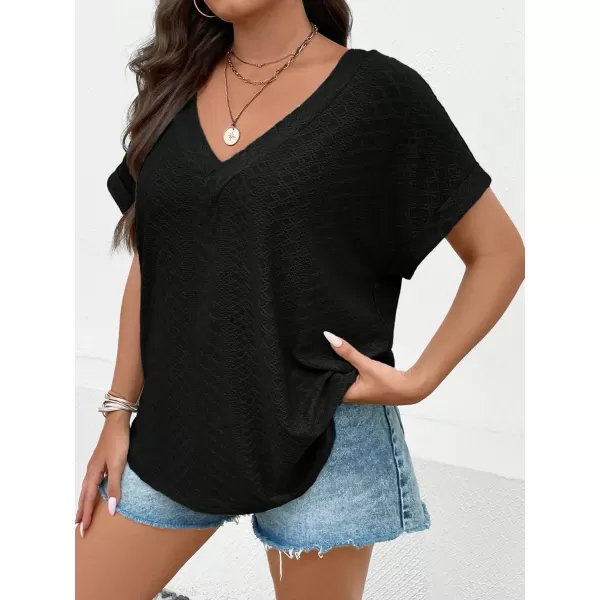 Floerns Women's Plus Size Eyelet Flare Short Sleeve Loose Fit V Neck Tee Shirts