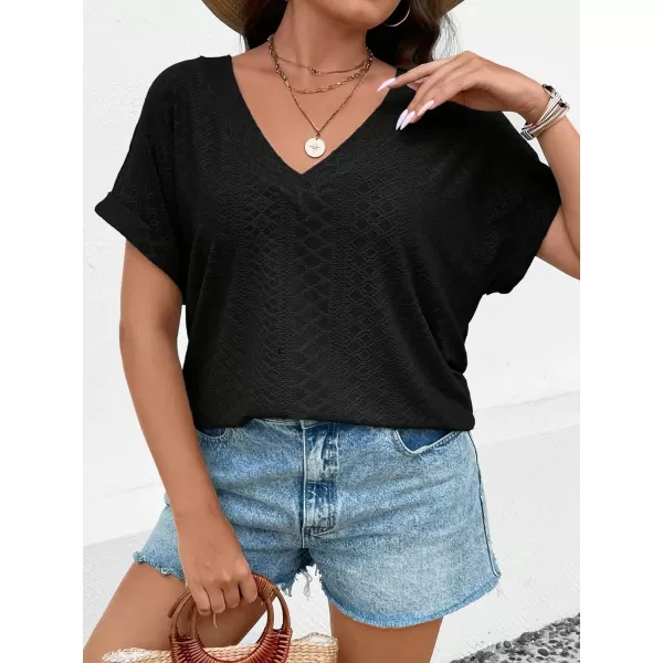 Floerns Women's Plus Size Eyelet Flare Short Sleeve Loose Fit V Neck Tee Shirts