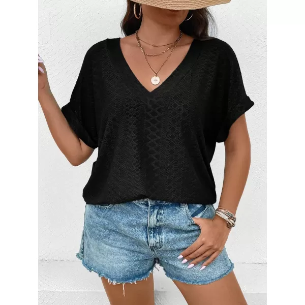 Floerns Women's Plus Size Eyelet Flare Short Sleeve Loose Fit V Neck Tee Shirts