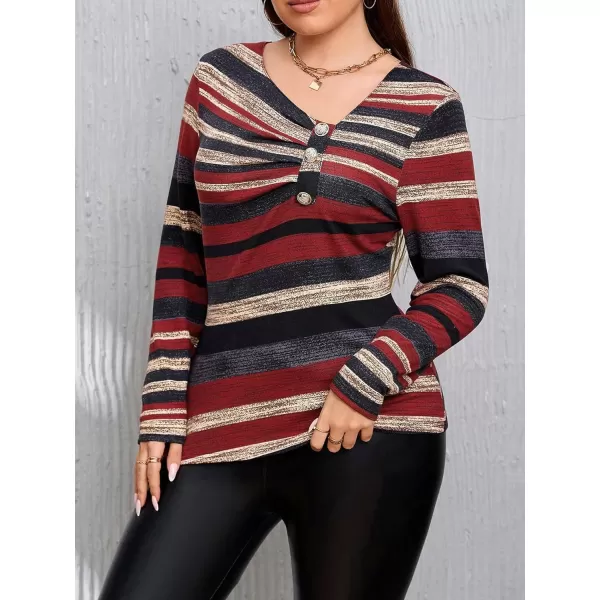 Floerns Women's Plus Size Striped Print Asymmetrical Neck Buttoned Long Sleeve Tee Shirt