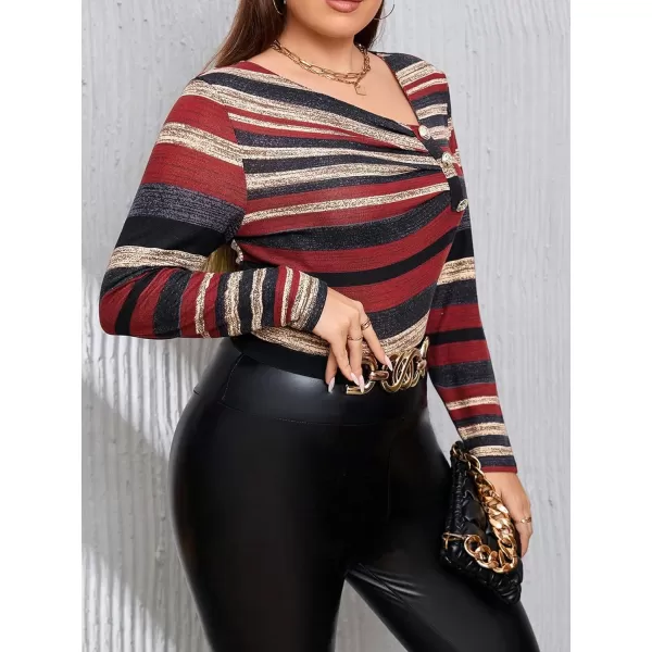 Floerns Women's Plus Size Striped Print Asymmetrical Neck Buttoned Long Sleeve Tee Shirt