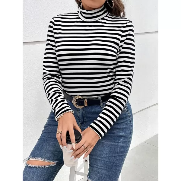Floerns Women's Plus Size Striped Print High Neck Long Sleeve Casual Tee Shirt