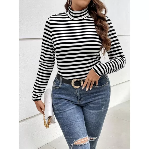 Floerns Women's Plus Size Striped Print High Neck Long Sleeve Casual Tee Shirt
