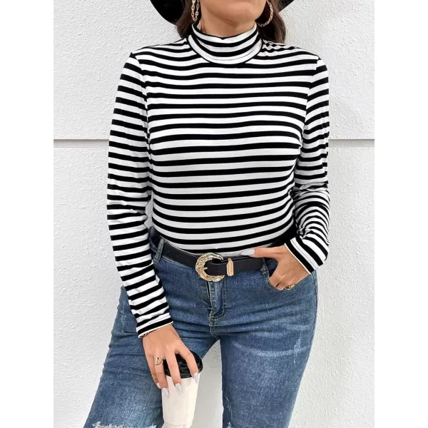 Floerns Women's Plus Size Striped Print High Neck Long Sleeve Casual Tee Shirt
