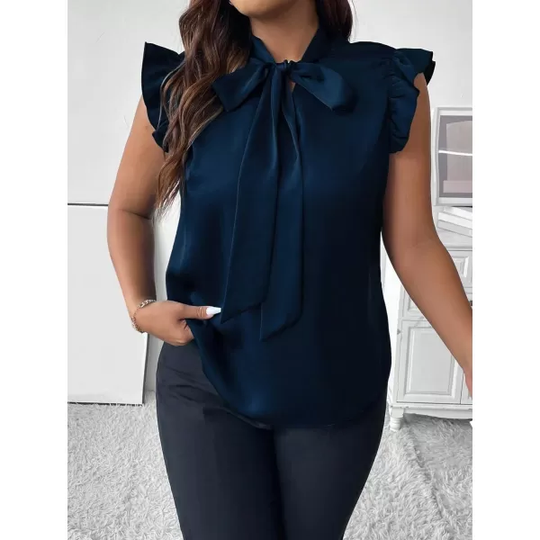 Floerns Women's Plus Size Tie Neck Ruffle Trim Cap Sleeve Work Blouse Top