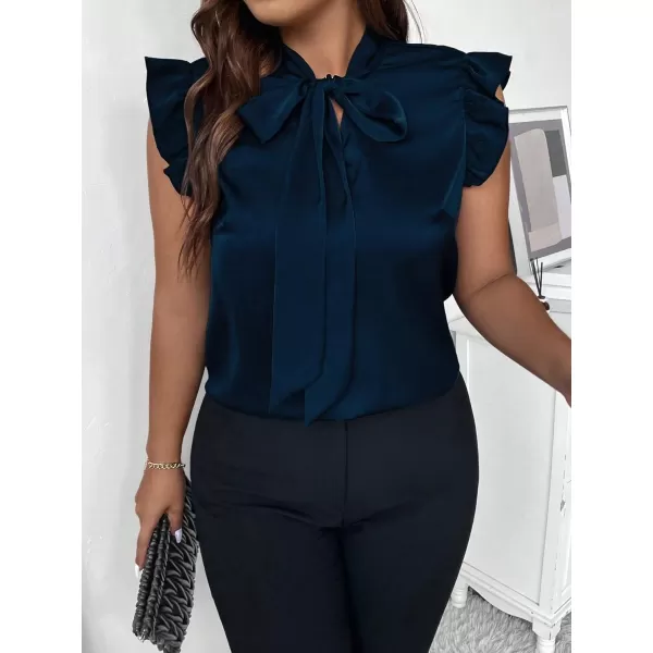 Floerns Women's Plus Size Tie Neck Ruffle Trim Cap Sleeve Work Blouse Top