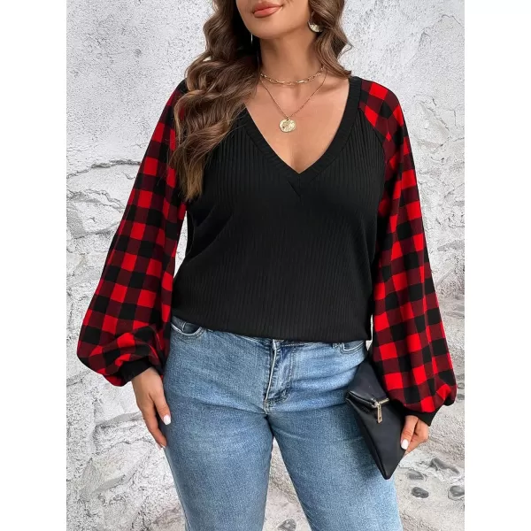 Floerns Women's Plus Size V Neck Gingham Print Bishop Long Sleeve Casual Tee Top