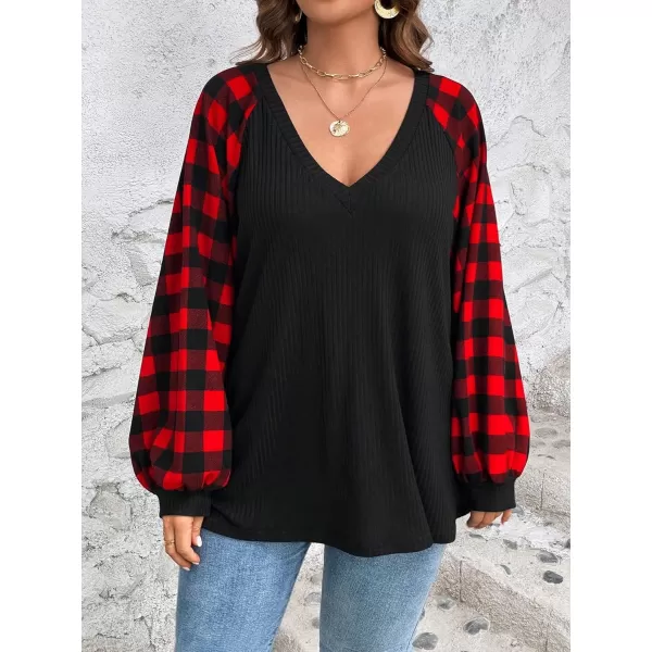 Floerns Women's Plus Size V Neck Gingham Print Bishop Long Sleeve Casual Tee Top
