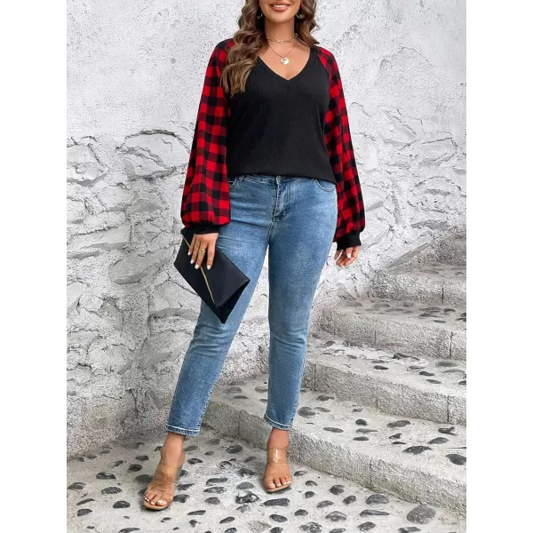 Floerns Women's Plus Size V Neck Gingham Print Bishop Long Sleeve Casual Tee Top