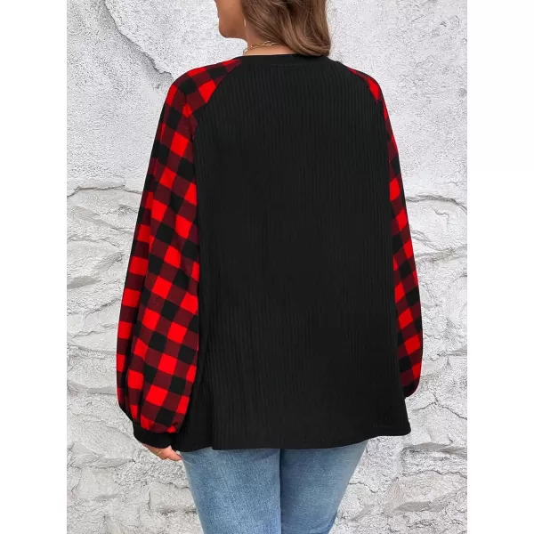 Floerns Women's Plus Size V Neck Gingham Print Bishop Long Sleeve Casual Tee Top