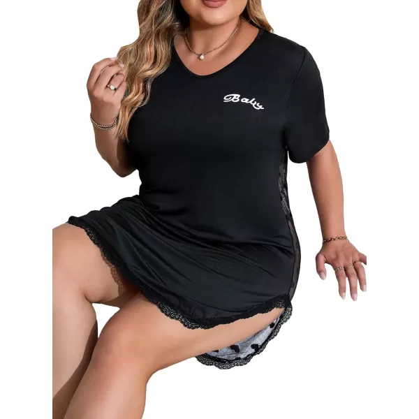 Floerns Women's Plus V neck Short Sleeve Heart Letter Graphic Contrast Lace Sheer Without Liner Nightdress Sleepwear