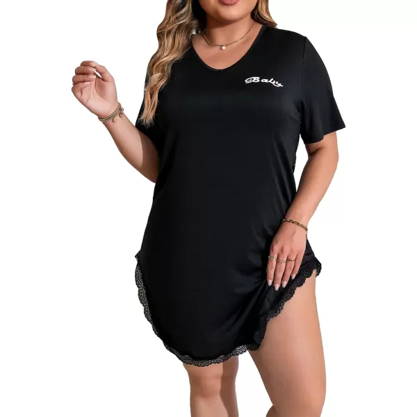 Floerns Women's Plus V neck Short Sleeve Heart Letter Graphic Contrast Lace Sheer Without Liner Nightdress Sleepwear