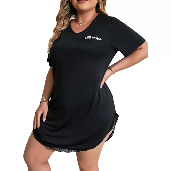 Floerns Women's Plus V neck Short Sleeve Heart Letter Graphic Contrast Lace Sheer Without Liner Nightdress Sleepwear