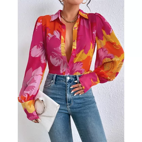 Floerns Women's Sheer Drop Shoulder Blouse Long Sleeve Collar Button Loose Shirts Tops