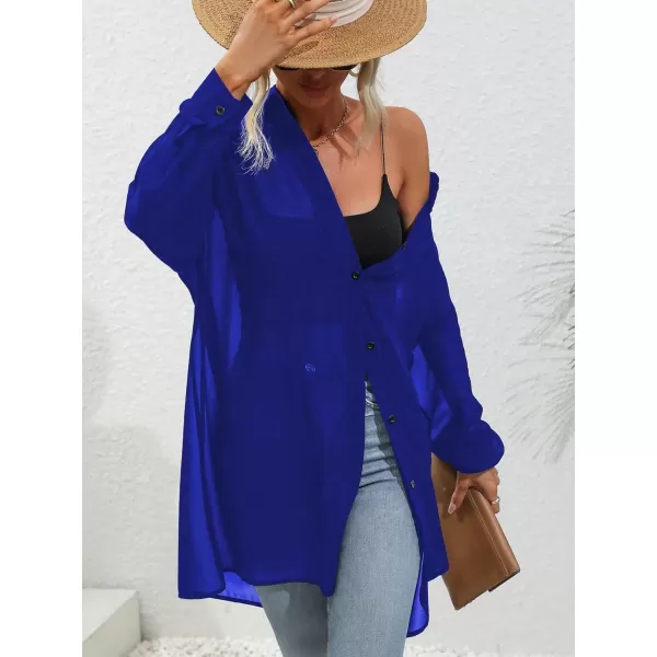 Floerns Women's Sheer Drop Shoulder Blouse Long Sleeve Collar Button Loose Shirts Tops
