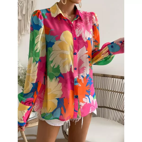 Floerns Women's Sheer Drop Shoulder Blouse Long Sleeve Collar Button Loose Shirts Tops