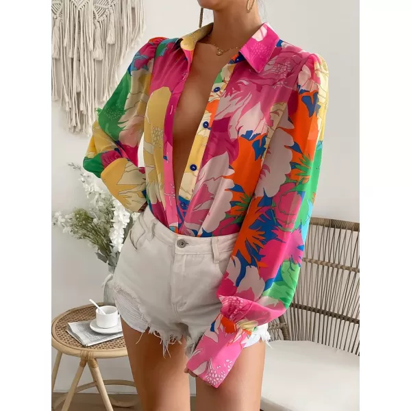 Floerns Women's Sheer Drop Shoulder Blouse Long Sleeve Collar Button Loose Shirts Tops