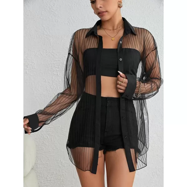 Floerns Women's Sheer Drop Shoulder Blouse Long Sleeve Collar Button Loose Shirts Tops