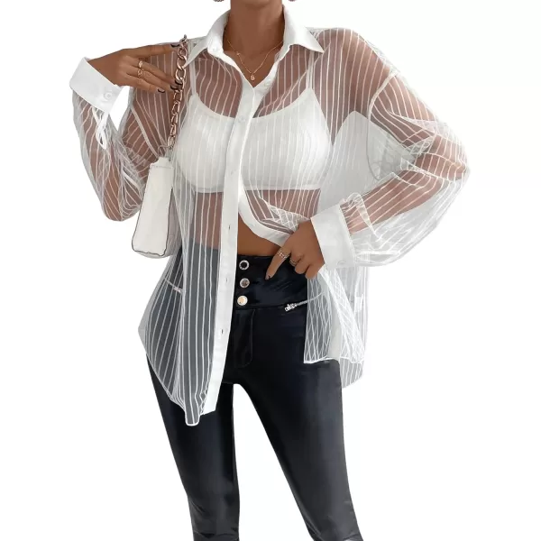 Floerns Women's Sheer Drop Shoulder Blouse Long Sleeve Collar Button Loose Shirts Tops