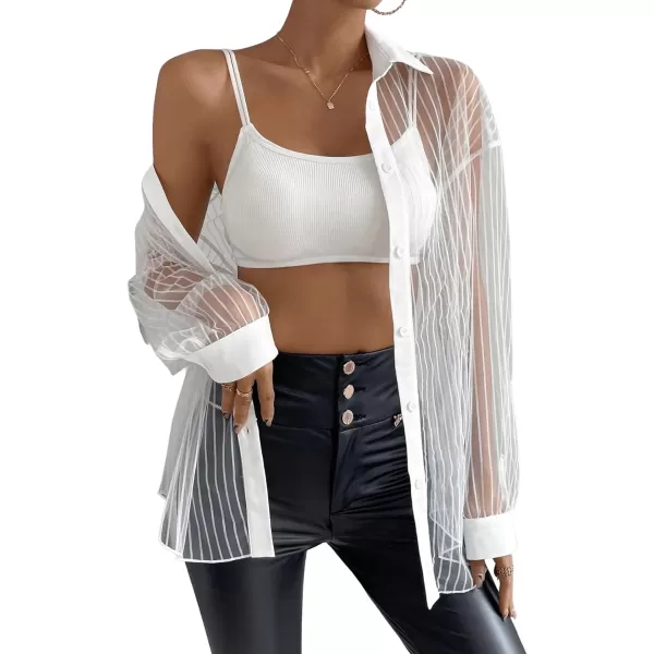 Floerns Women's Sheer Drop Shoulder Blouse Long Sleeve Collar Button Loose Shirts Tops