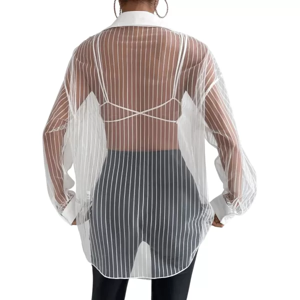 Floerns Women's Sheer Drop Shoulder Blouse Long Sleeve Collar Button Loose Shirts Tops