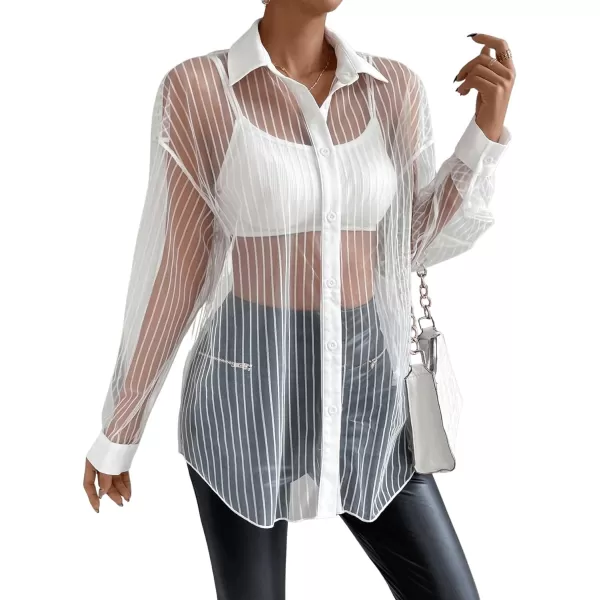 Floerns Women's Sheer Drop Shoulder Blouse Long Sleeve Collar Button Loose Shirts Tops