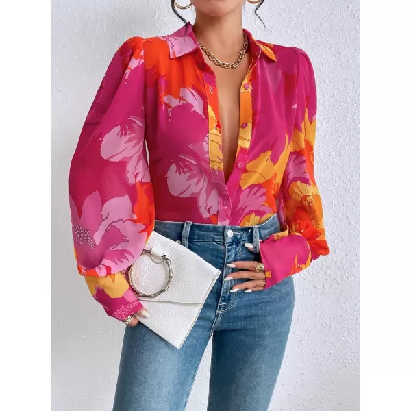 Floerns Women's Sheer Drop Shoulder Blouse Long Sleeve Collar Button Loose Shirts Tops