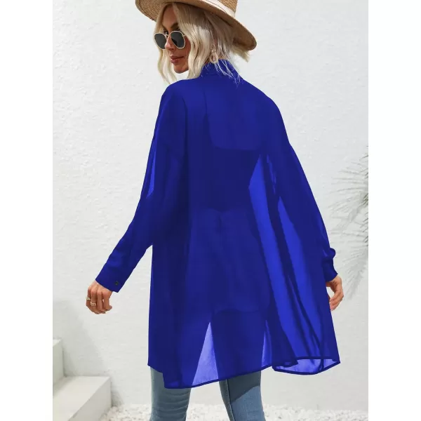Floerns Women's Sheer Drop Shoulder Blouse Long Sleeve Collar Button Loose Shirts Tops