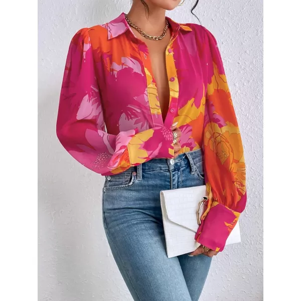 Floerns Women's Sheer Drop Shoulder Blouse Long Sleeve Collar Button Loose Shirts Tops