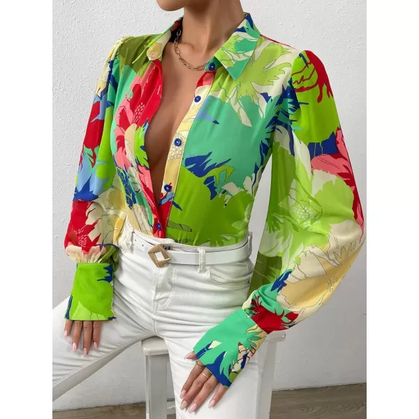 Floerns Women's Sheer Drop Shoulder Blouse Long Sleeve Collar Button Loose Shirts Tops