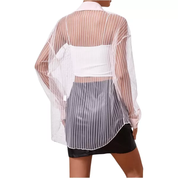 Floerns Women's Sheer Drop Shoulder Blouse Long Sleeve Collar Button Loose Shirts Tops