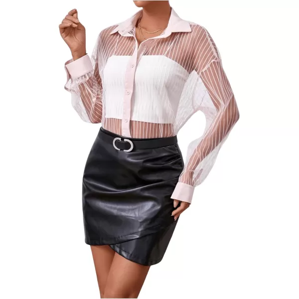 Floerns Women's Sheer Drop Shoulder Blouse Long Sleeve Collar Button Loose Shirts Tops