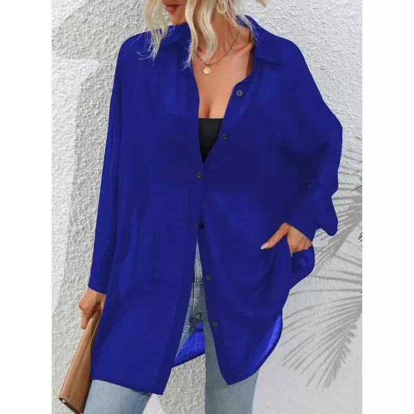 Floerns Women's Sheer Drop Shoulder Blouse Long Sleeve Collar Button Loose Shirts Tops