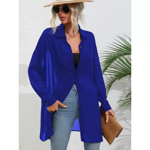Floerns Women's Sheer Drop Shoulder Blouse Long Sleeve Collar Button Loose Shirts Tops