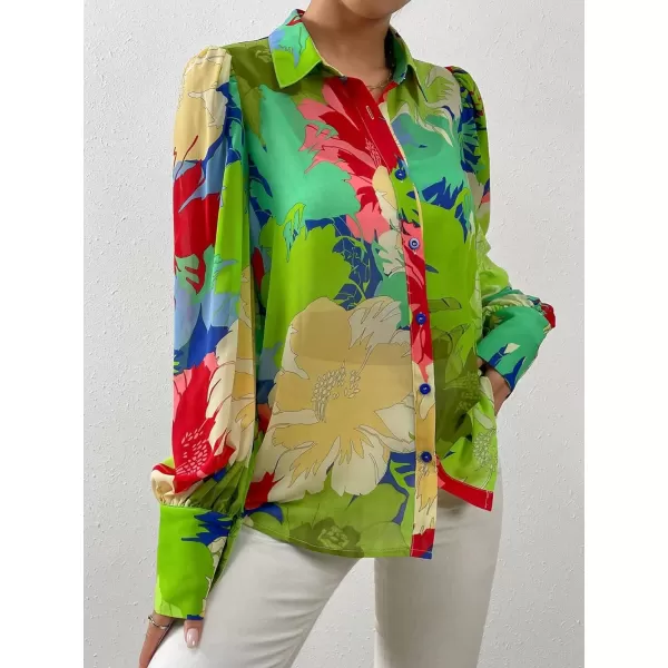 Floerns Women's Sheer Drop Shoulder Blouse Long Sleeve Collar Button Loose Shirts Tops