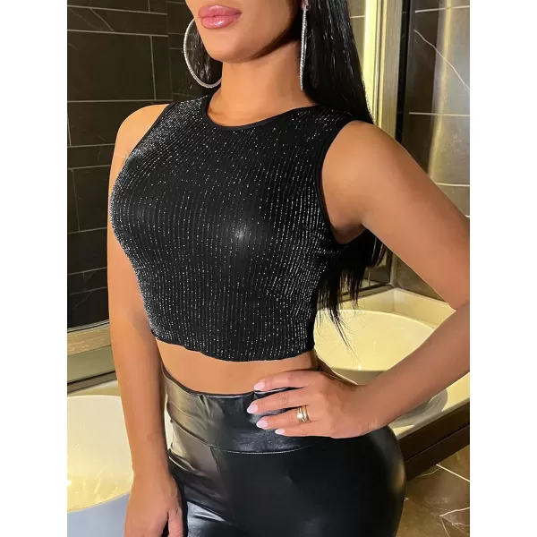Floerns Women's Shiny Sequin Rhinestone Zip Up Crewneck Sleeveless Crop Tank Top