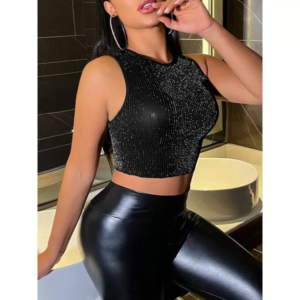 Floerns Women's Shiny Sequin Rhinestone Zip Up Crewneck Sleeveless Crop Tank Top