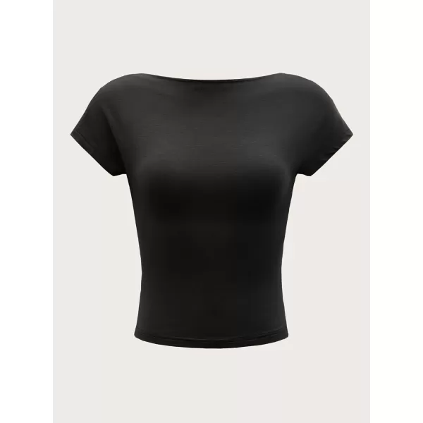 Floerns Women's Solid Cap Sleeve Boat Neck Backless Slim Fit Crop Top Tee Shirt