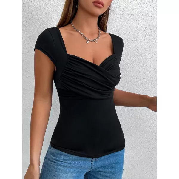 Floerns Women's Solid Sweetheart Ruched Wrap Asymmetrical Hem Cap Sleeve T Shirt