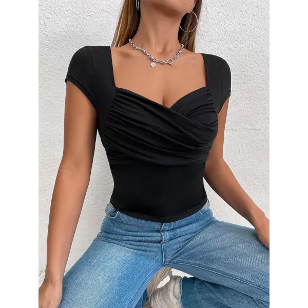 Floerns Women's Solid Sweetheart Ruched Wrap Asymmetrical Hem Cap Sleeve T Shirt