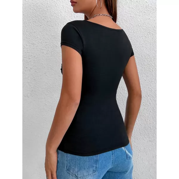 Floerns Women's Solid Sweetheart Ruched Wrap Asymmetrical Hem Cap Sleeve T Shirt