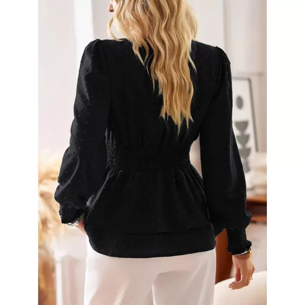 Floerns Women's Swiss Dots Wrap V Neck Lantern Long Sleeve Peplum Blouse Top