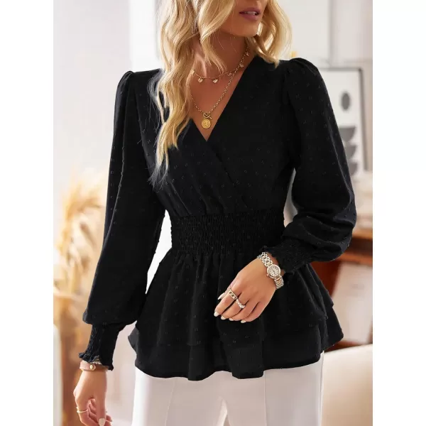 Floerns Women's Swiss Dots Wrap V Neck Lantern Long Sleeve Peplum Blouse Top