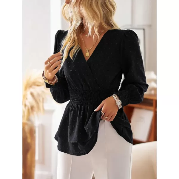 Floerns Women's Swiss Dots Wrap V Neck Lantern Long Sleeve Peplum Blouse Top