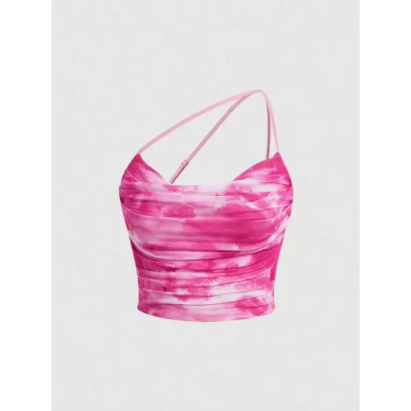 Floerns Women's Tie Dye Spaghetti Strap Cut Out One Shoulder Ruched Crop Cami Top