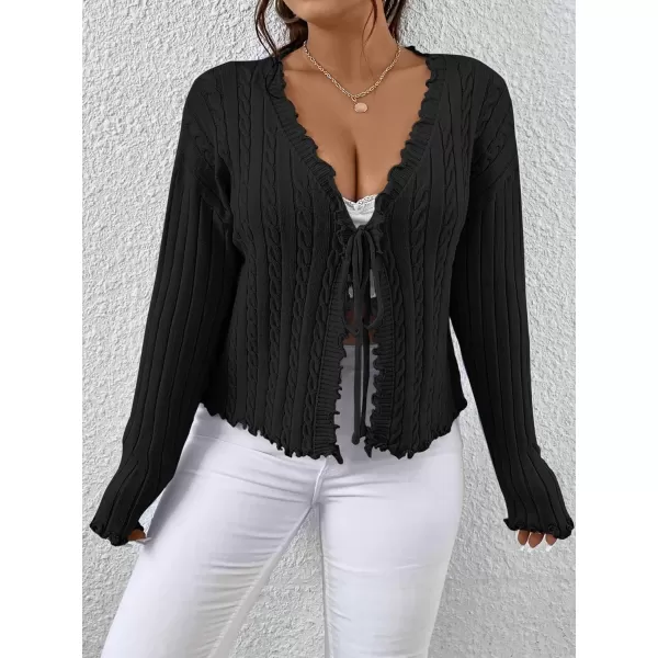 Floerns Women's Tie Front Lettuce Trim V Neck Long Sleeve Cardigan Crop Top