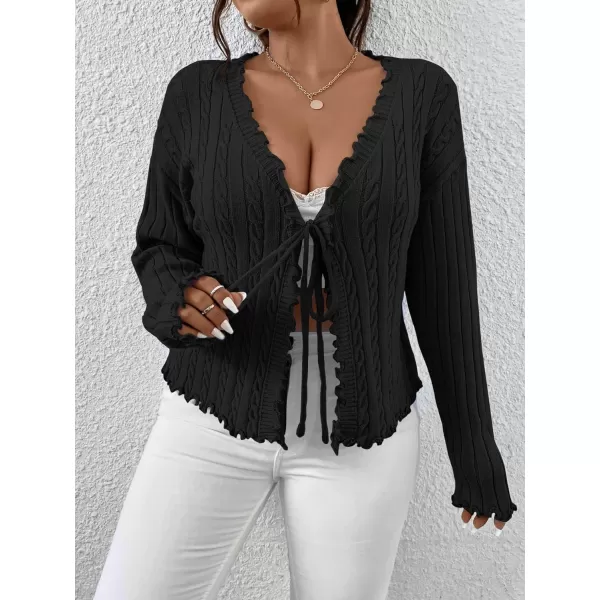 Floerns Women's Tie Front Lettuce Trim V Neck Long Sleeve Cardigan Crop Top