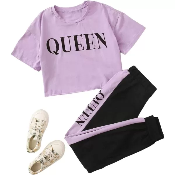 Floerns Girls 2 Piece Letter Graphic Short Sleeve Crop Top and Legging Set